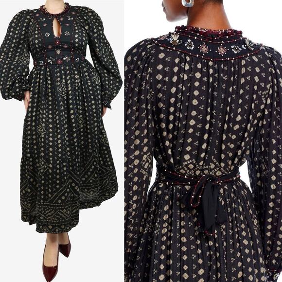 Sea New York Embroidered Maja Long Sleeve Dress Black Burgundy XS Boho Chic - Picture 11 of 11